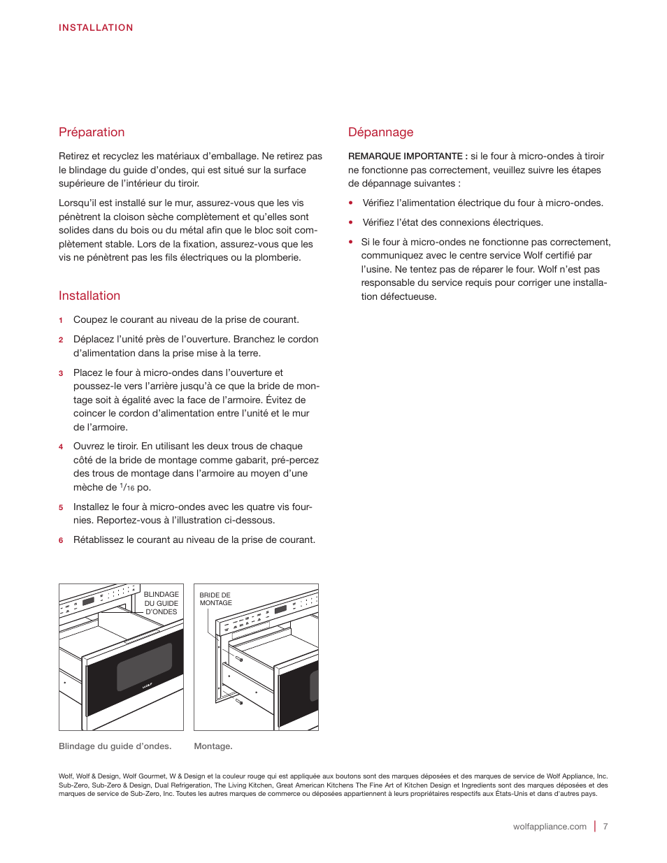 Dépannage, Préparation, Installation | Wolf 24 Inch Microwave Drawer Installation Instructions User Manual | Page 19 / 20