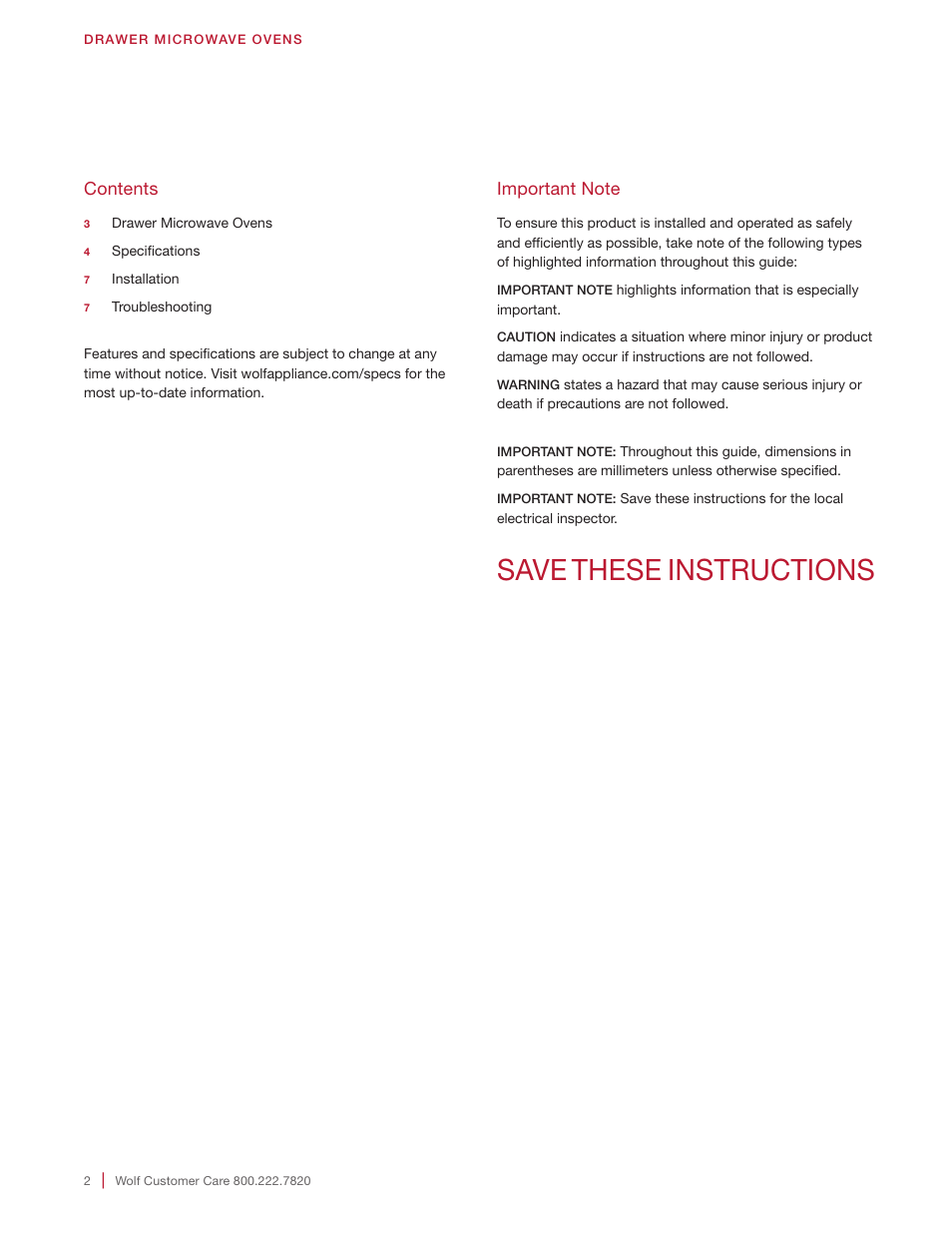 Save these instructions | Wolf 24 Inch Microwave Drawer Installation Instructions User Manual | Page 2 / 20