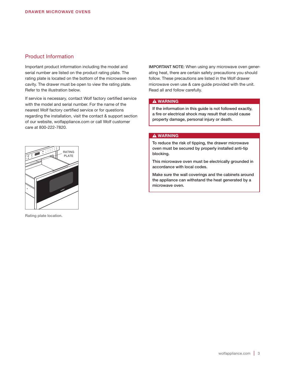 Product information | Wolf 24 Inch Microwave Drawer Installation Instructions User Manual | Page 3 / 20