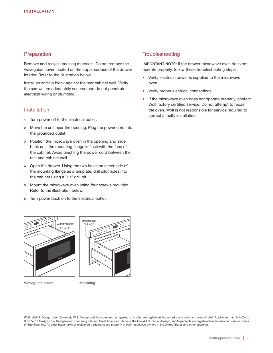 Troubleshooting, Preparation, Installation | Wolf 24 Inch Microwave Drawer Installation Instructions User Manual | Page 7 / 20