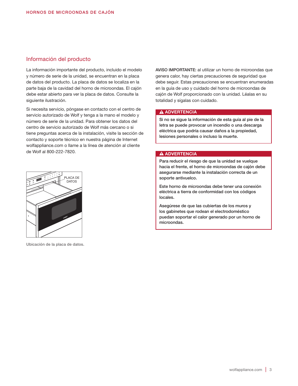 Información del producto | Wolf 24 Inch Microwave Drawer Installation Instructions User Manual | Page 9 / 20
