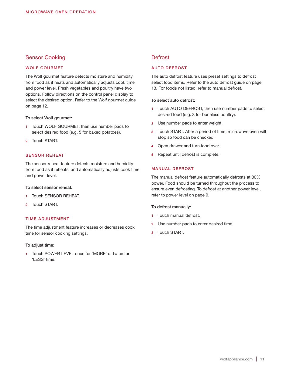 Sensor cooking, Defrost | Wolf 24 Inch Microwave Drawer Owners Manual User Manual | Page 11 / 44