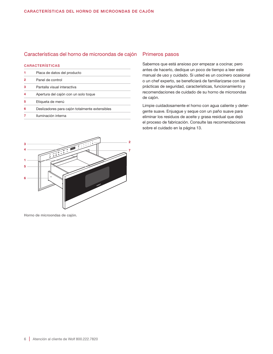 Características del horno de microondas de cajón, Primeros pasos | Wolf 24 Inch Microwave Drawer Owners Manual User Manual | Page 20 / 44