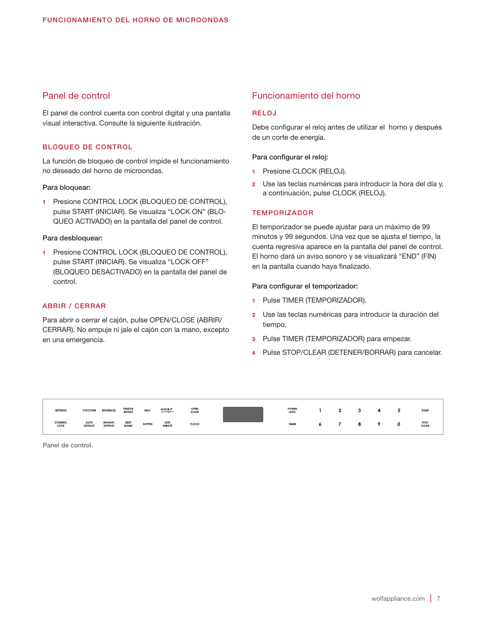 Funcionamiento del horno, Panel de control | Wolf 24 Inch Microwave Drawer Owners Manual User Manual | Page 21 / 44