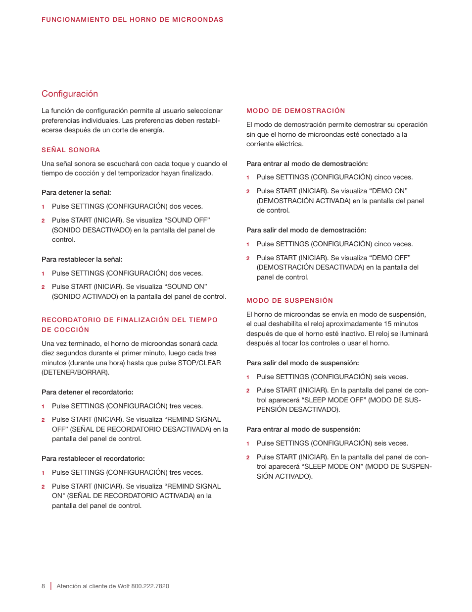 Configuración | Wolf 24 Inch Microwave Drawer Owners Manual User Manual | Page 22 / 44