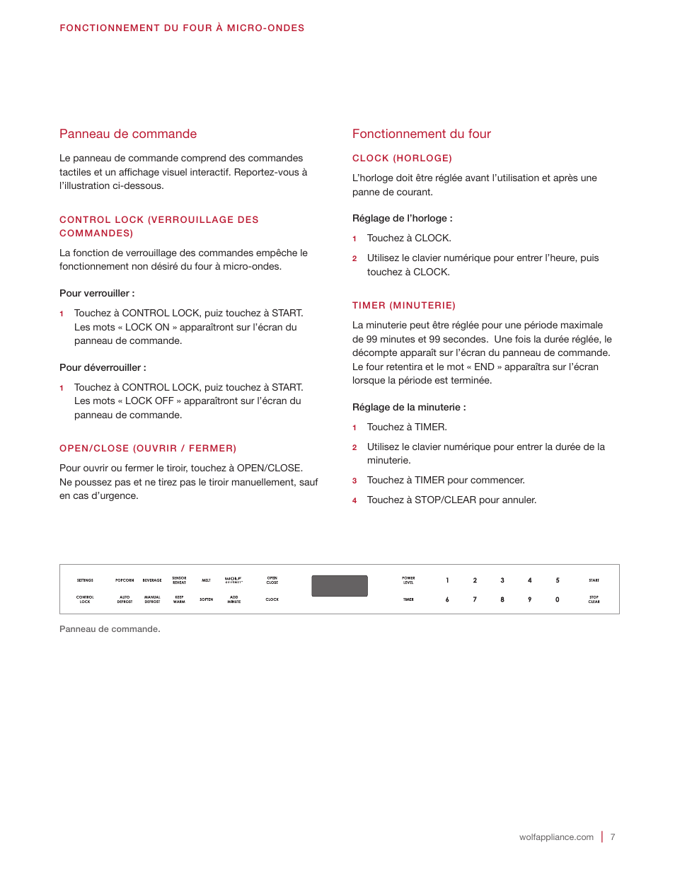 Panneau de commande, Fonctionnement du four | Wolf 24 Inch Microwave Drawer Owners Manual User Manual | Page 35 / 44