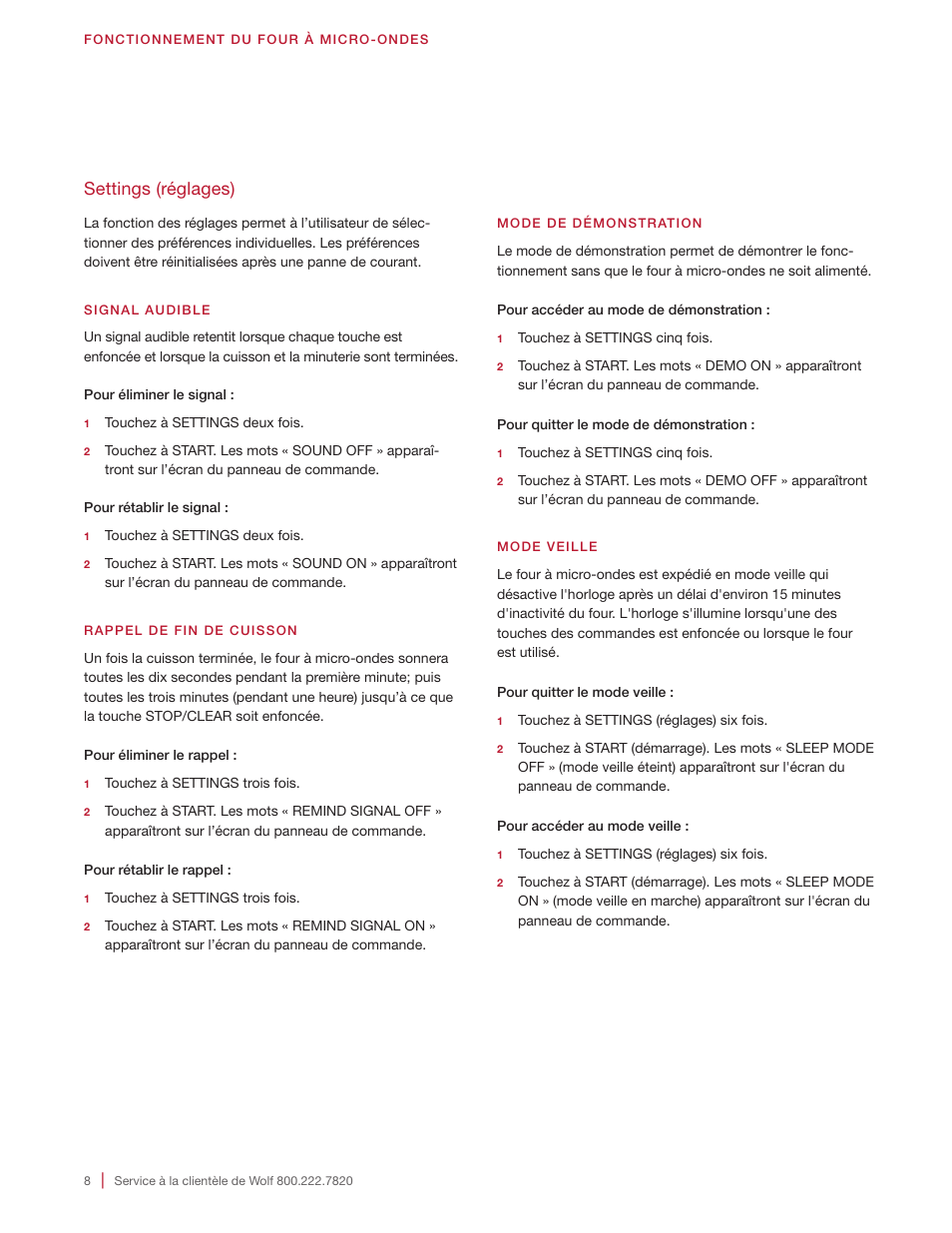 Settings (réglages) | Wolf 24 Inch Microwave Drawer Owners Manual User Manual | Page 36 / 44