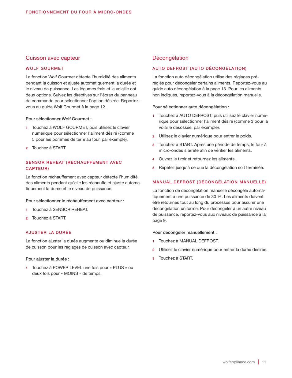 Cuisson avec capteur, Décongélation | Wolf 24 Inch Microwave Drawer Owners Manual User Manual | Page 39 / 44