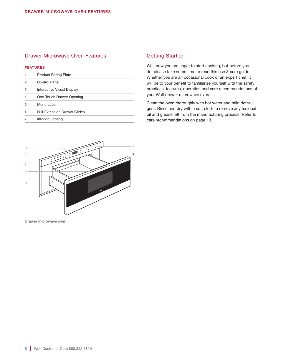Drawer microwave oven features, Getting started | Wolf 24 Inch Microwave Drawer Owners Manual User Manual | Page 6 / 44