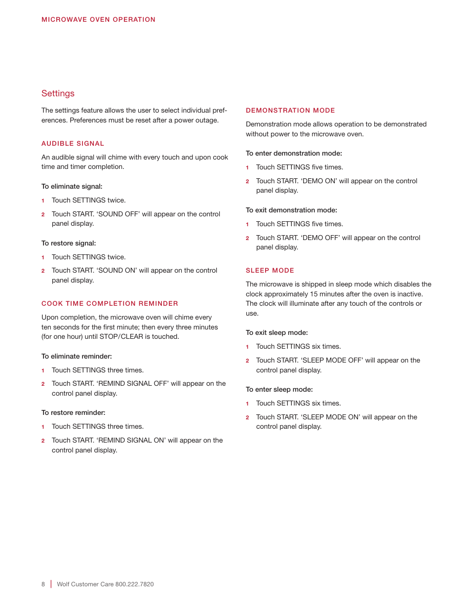 Settings | Wolf 24 Inch Microwave Drawer Owners Manual User Manual | Page 8 / 44