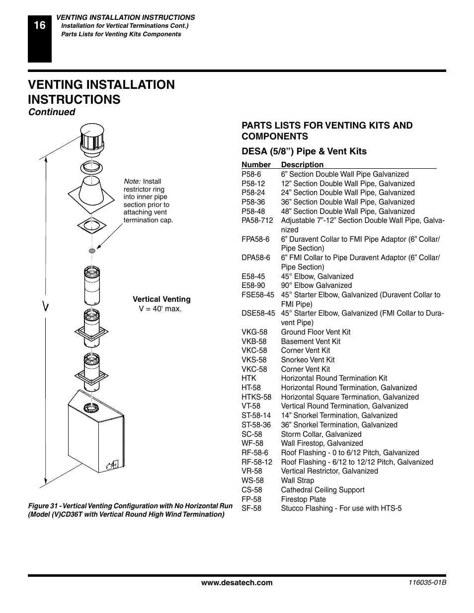 Venting installation instructions, Continued | Desa (V) CD36R(N User Manual | Page 16 / 48