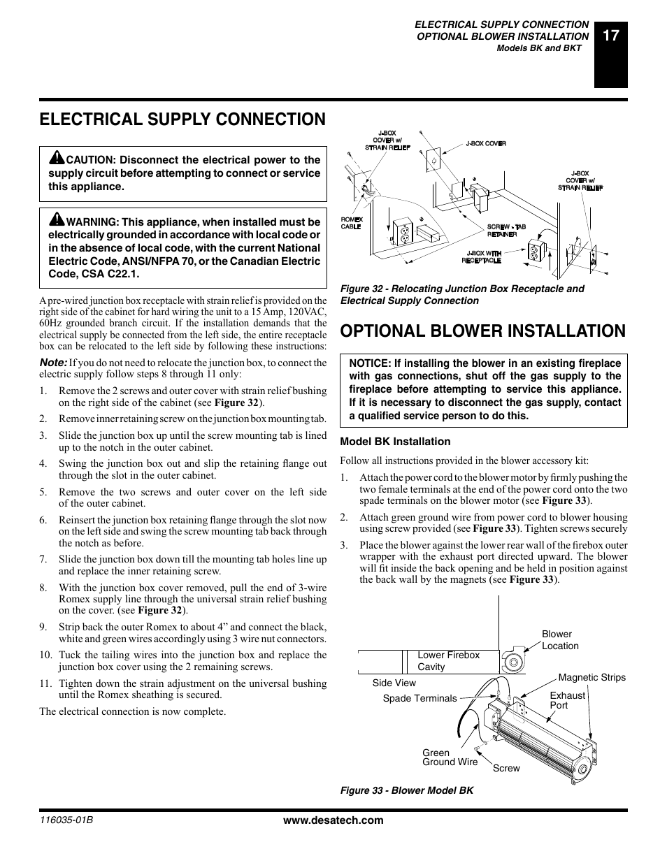 Electrical supply connection, Optional blower installation | Desa (V) CD36R(N User Manual | Page 17 / 48