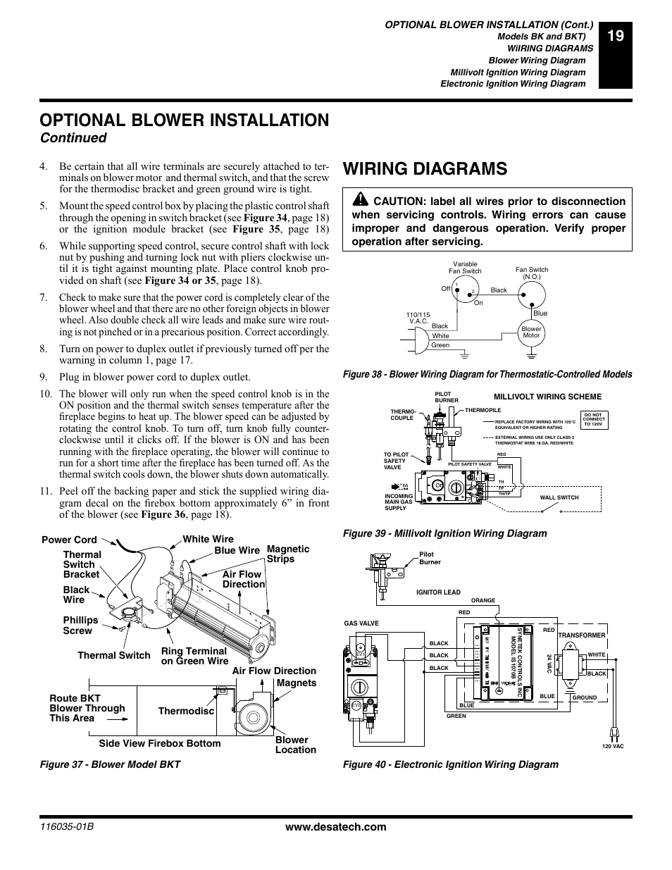 Optional blower installation, Wiring diagrams, Continued | Desa (V) CD36R(N User Manual | Page 19 / 48