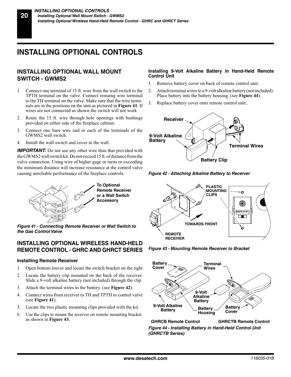 Installing optional controls, Installing optional wall mount switch - gwms2 | Desa (V) CD36R(N User Manual | Page 20 / 48