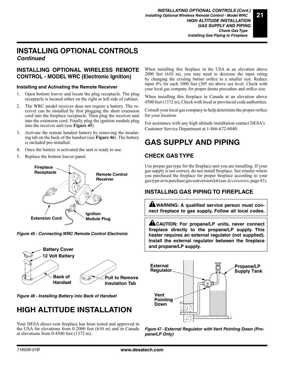 High altitude installation, Installing optional controls, Gas supply and piping | Continued | Desa (V) CD36R(N User Manual | Page 21 / 48