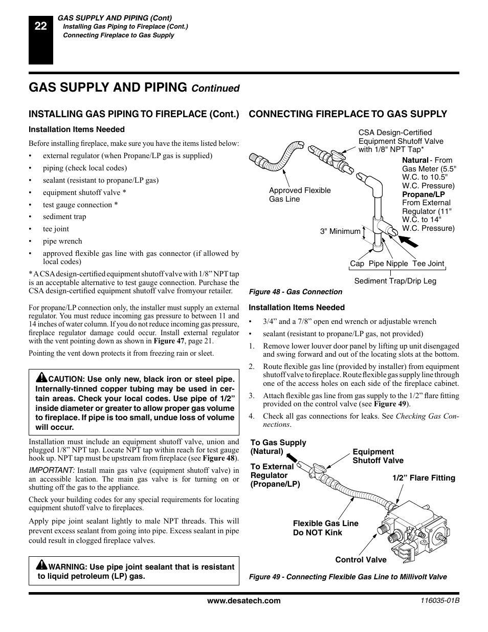 Gas supply and piping, Continued | Desa (V) CD36R(N User Manual | Page 22 / 48
