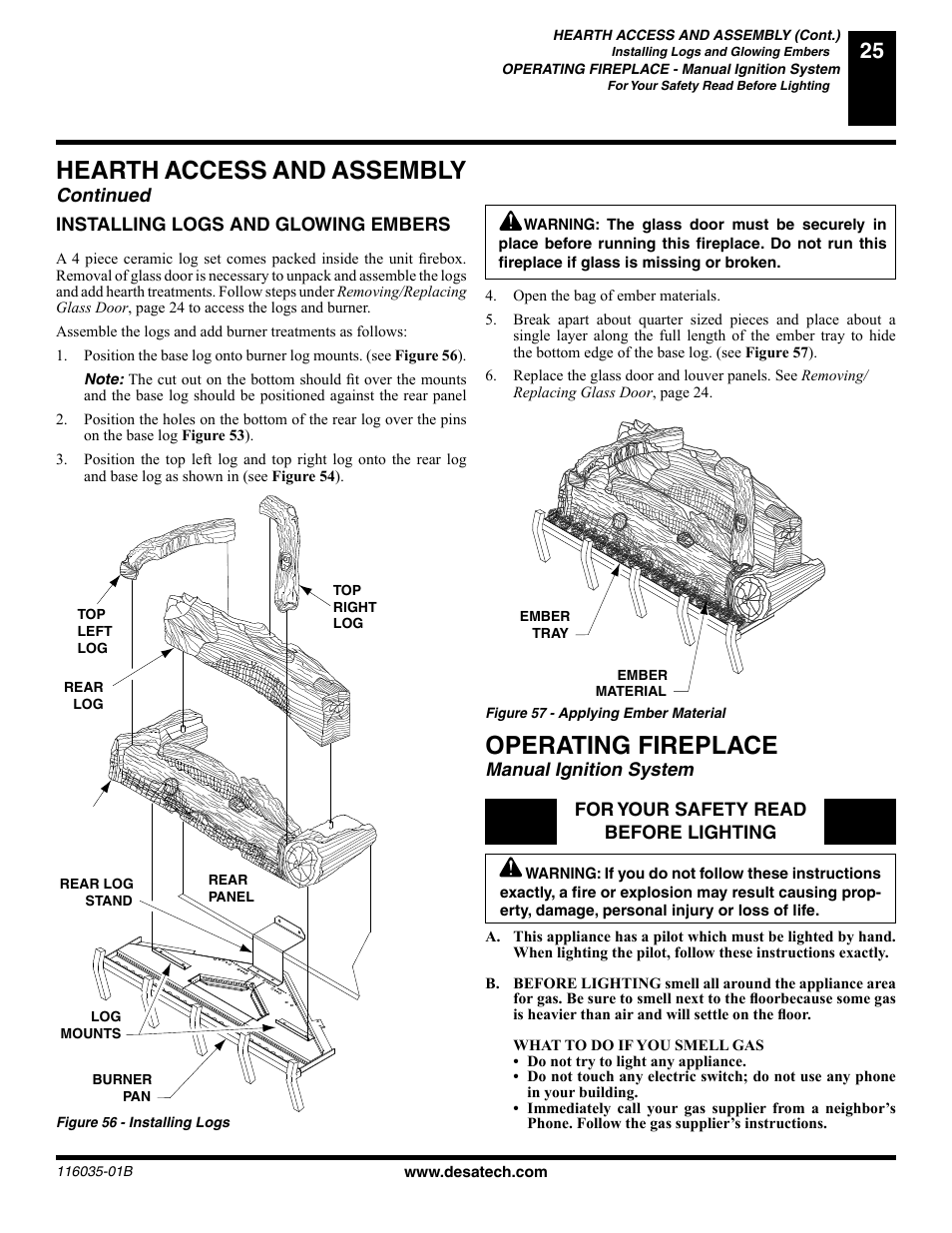 Hearth access and assembly, Operating fireplace, Continued | Manual ignition system | Desa (V) CD36R(N User Manual | Page 25 / 48