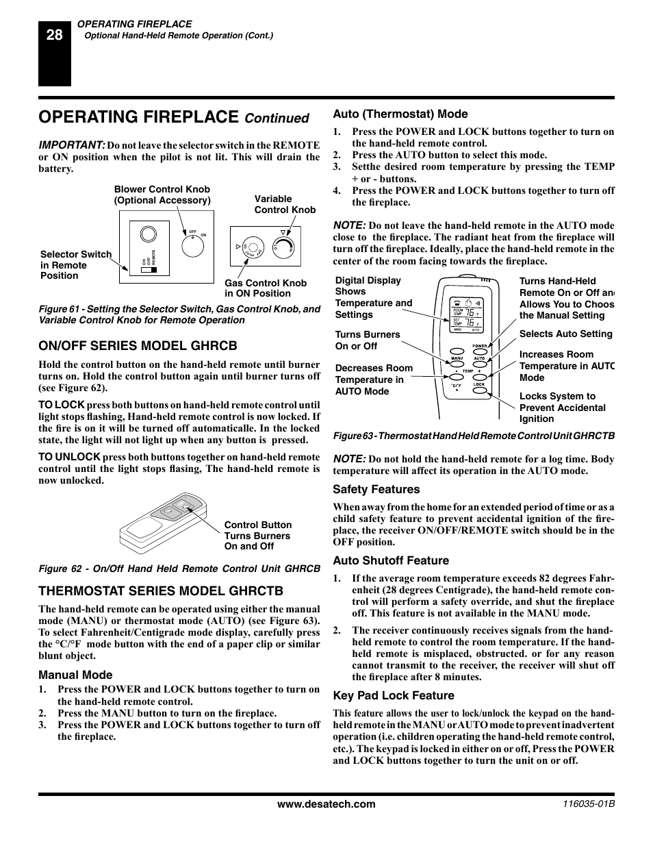Operating fireplace, Continued, On/off series model ghrcb | Thermostat series model ghrctb, Manual mode, Auto (thermostat) mode, Safety features, Auto shutoff feature, Key pad lock feature | Desa (V) CD36R(N User Manual | Page 28 / 48