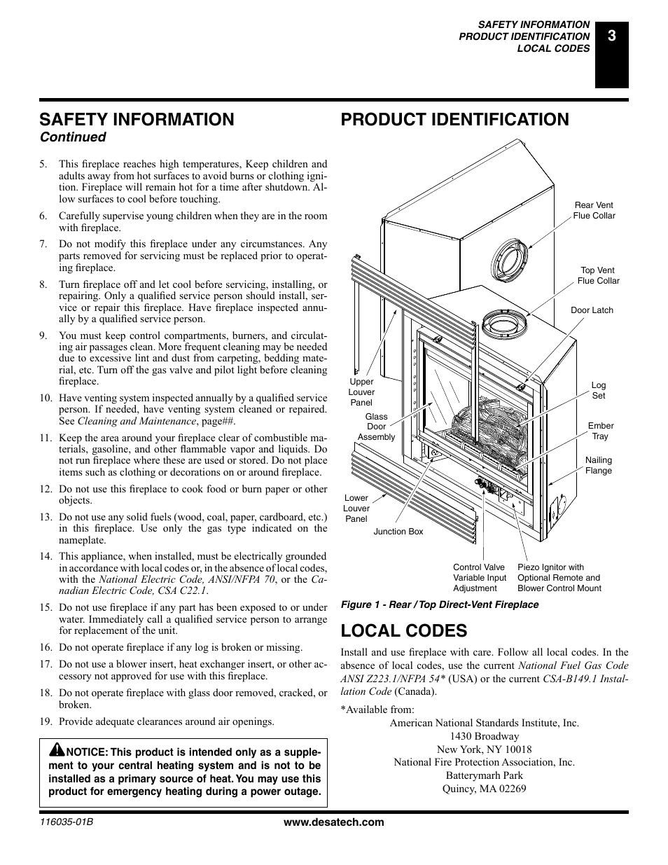 Safety information, Product identification, Local codes | Continued | Desa (V) CD36R(N User Manual | Page 3 / 48
