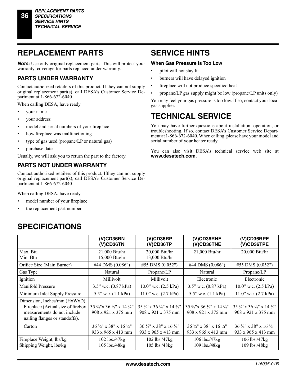 Replacement parts, Service hints, Technical service | Specifications | Desa (V) CD36R(N User Manual | Page 36 / 48
