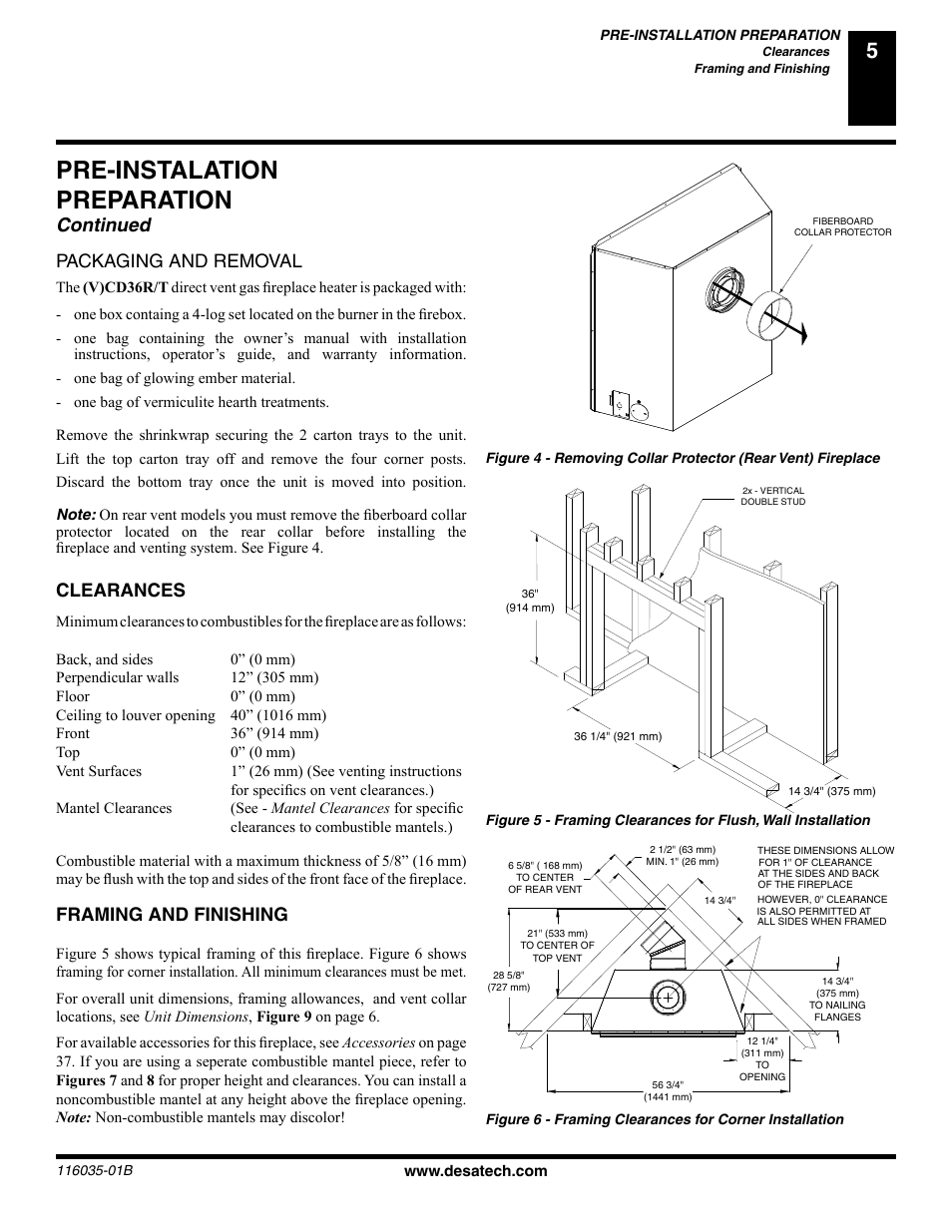 Pre-instalation preparation, Continued, Clearances | Packaging and removal, Framing and finishing | Desa (V) CD36R(N User Manual | Page 5 / 48