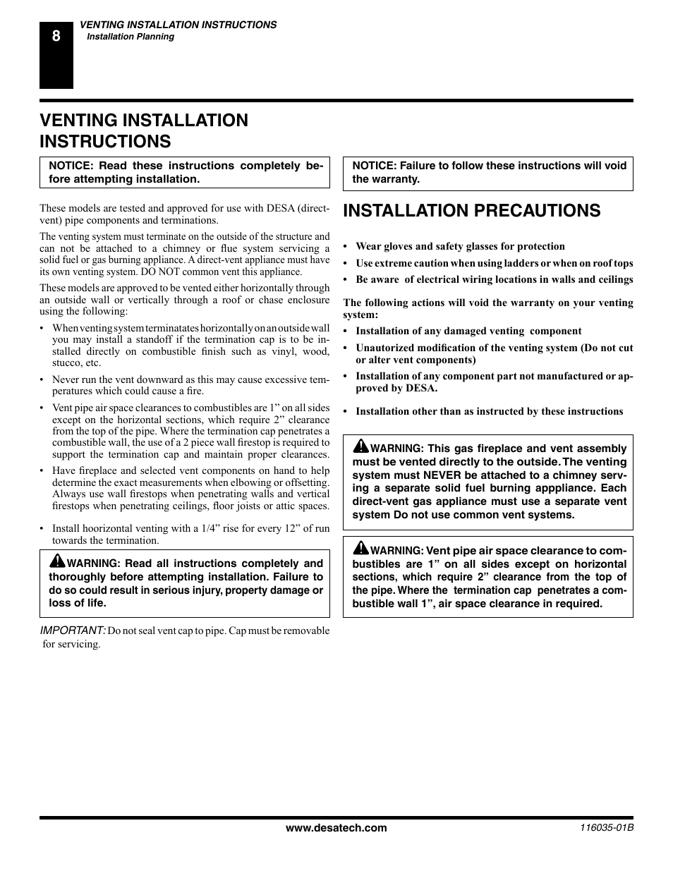 Venting installation instructions, Installation precautions | Desa (V) CD36R(N User Manual | Page 8 / 48