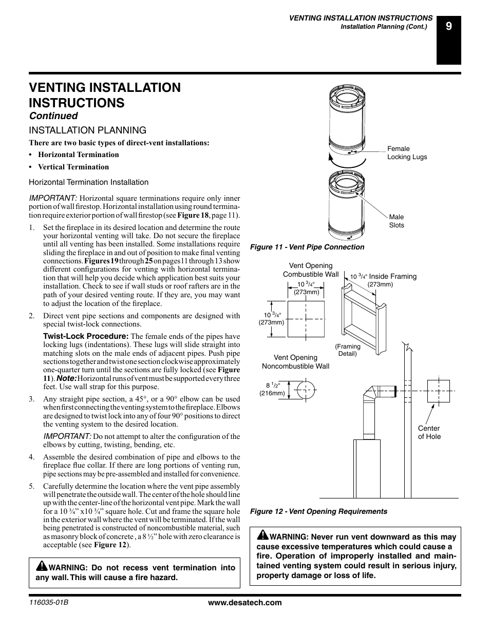 Venting installation instructions, Continued, Installation planning | Desa (V) CD36R(N User Manual | Page 9 / 48