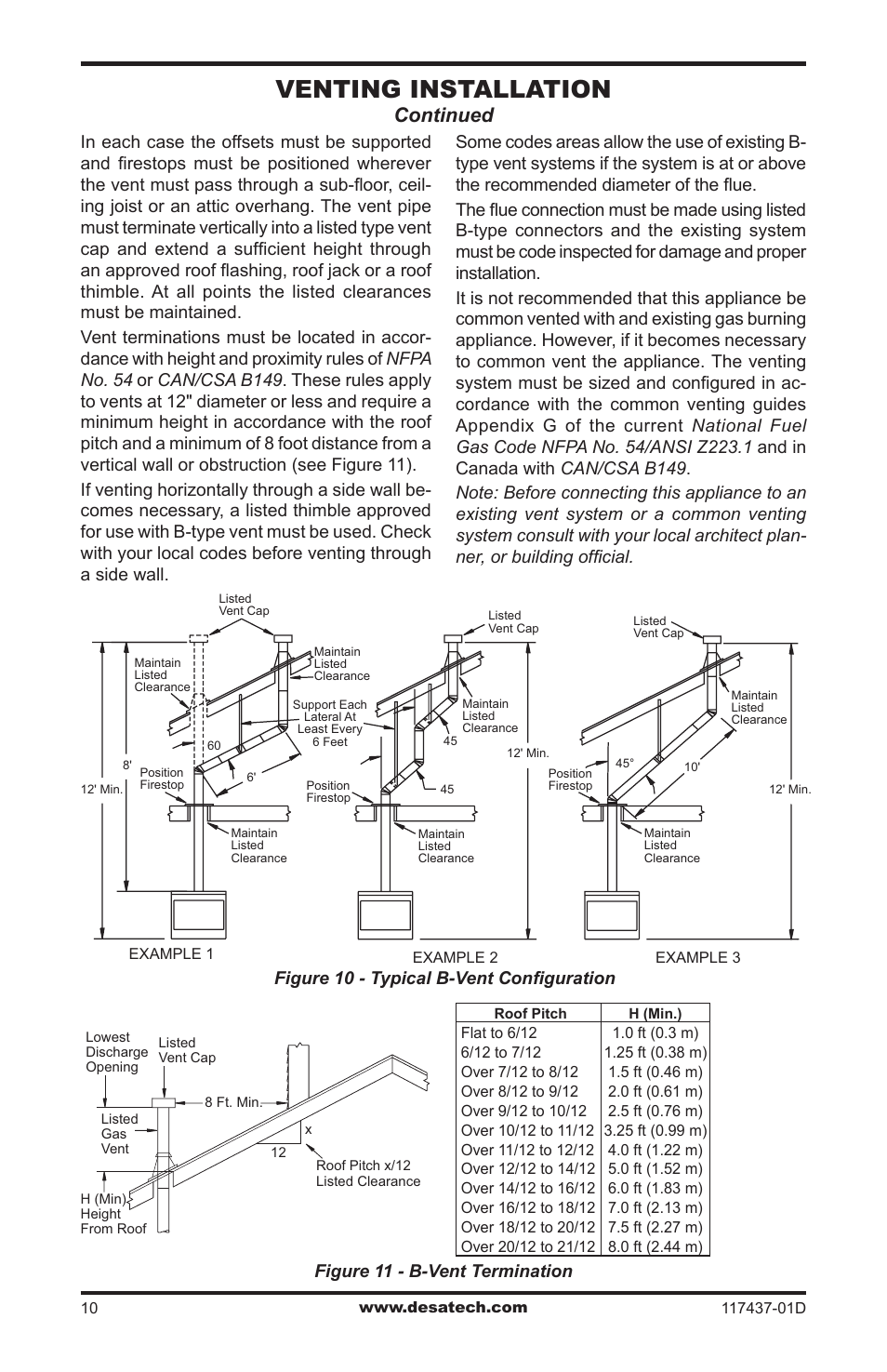 Venting installation, Continued, Figure 11 - b-vent termination | Figure 10 - typical b-vent configuration | Desa CB36N User Manual | Page 10 / 36