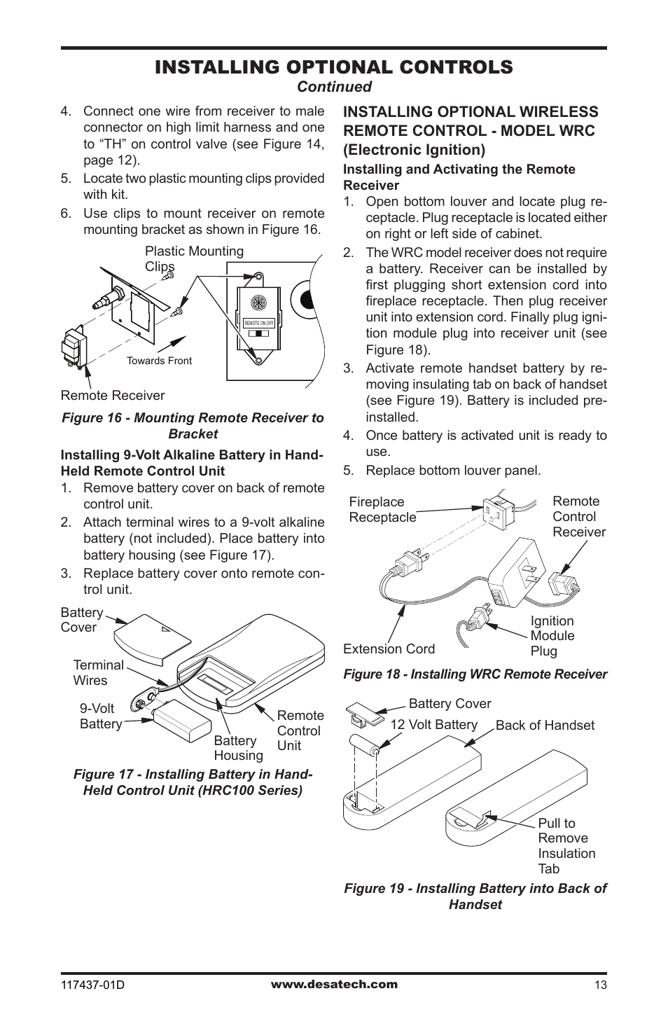 Installing optional controls | Desa CB36N User Manual | Page 13 / 36