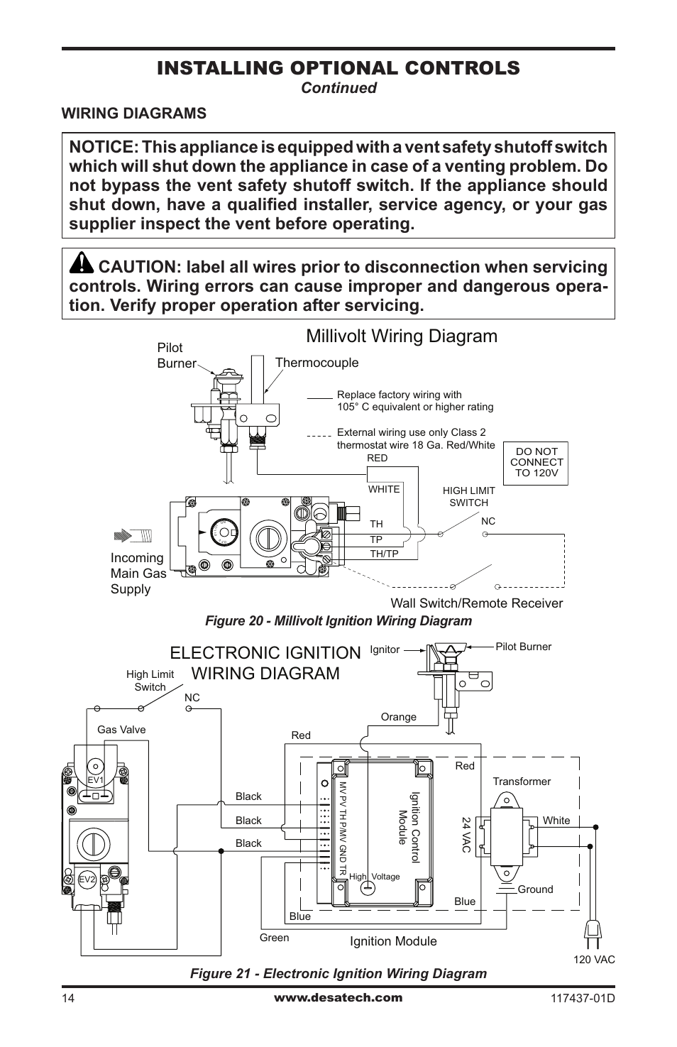 Installing optional controls, Millivolt wiring diagram, Electronic ignition wiring diagram | Wiring diagrams, Continued | Desa CB36N User Manual | Page 14 / 36