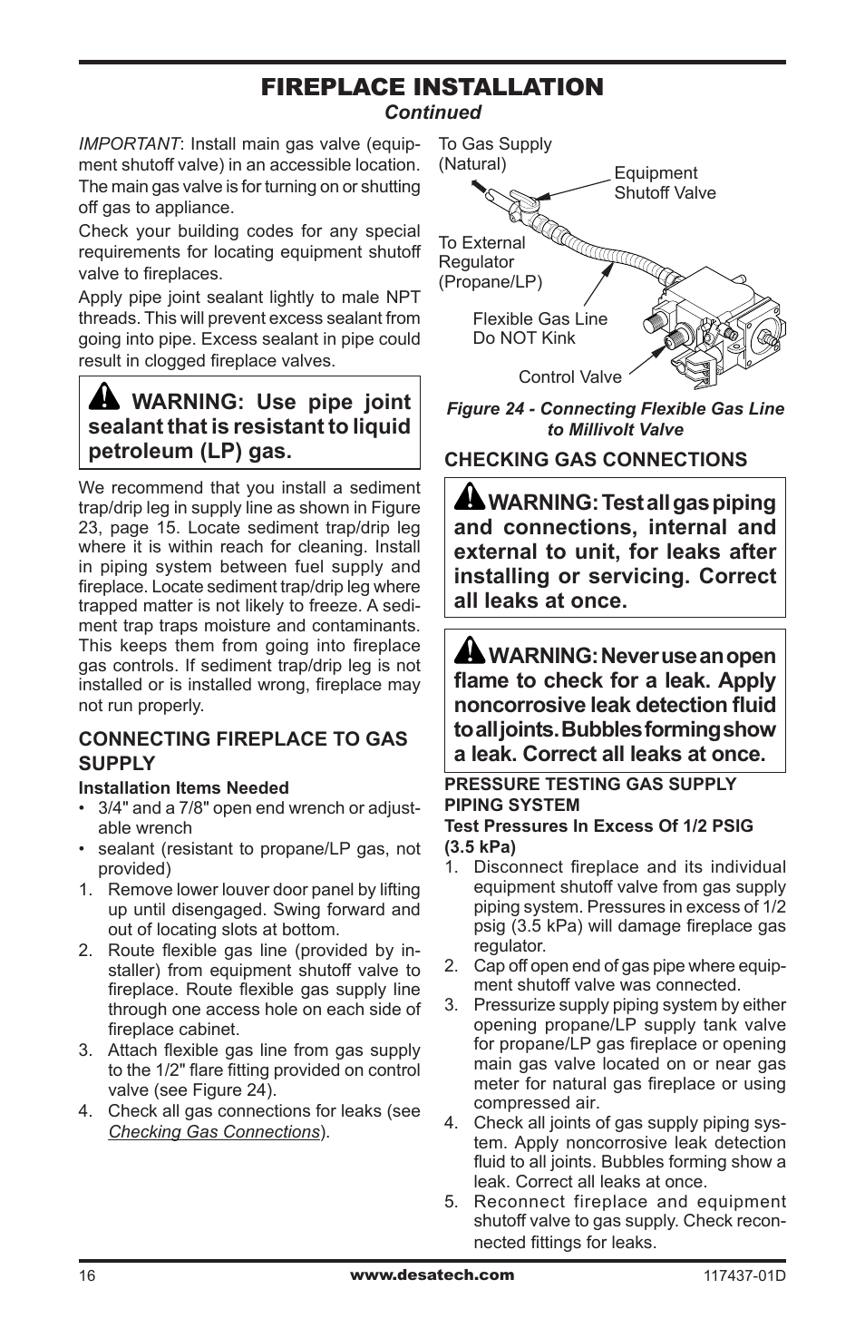 Fireplace installation | Desa CB36N User Manual | Page 16 / 36