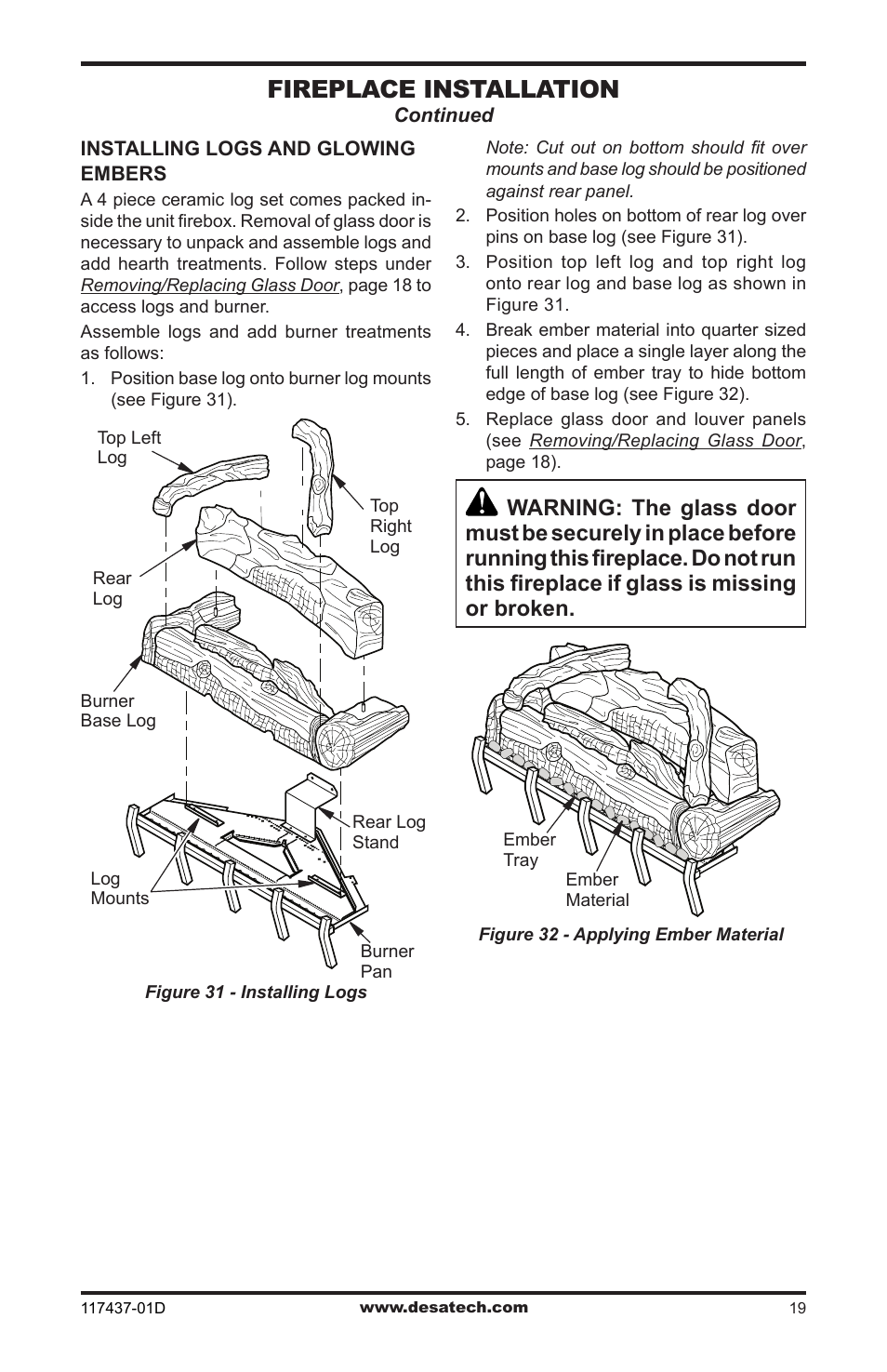Fireplace installation | Desa CB36N User Manual | Page 19 / 36