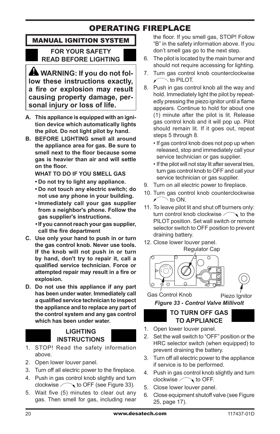 Operating fireplace | Desa CB36N User Manual | Page 20 / 36