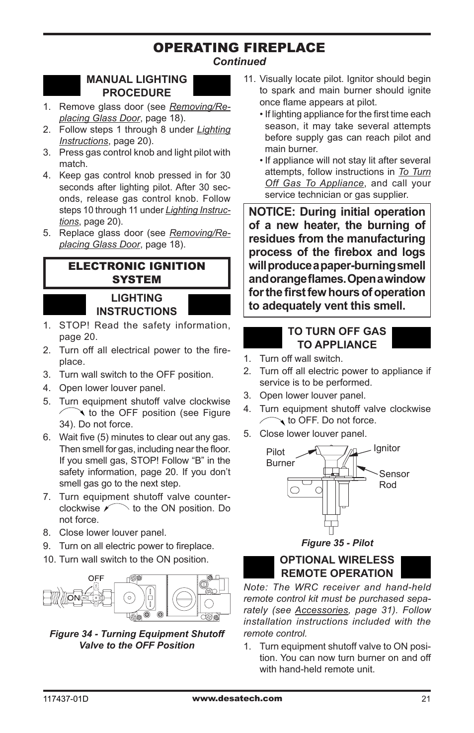 Operating fireplace | Desa CB36N User Manual | Page 21 / 36