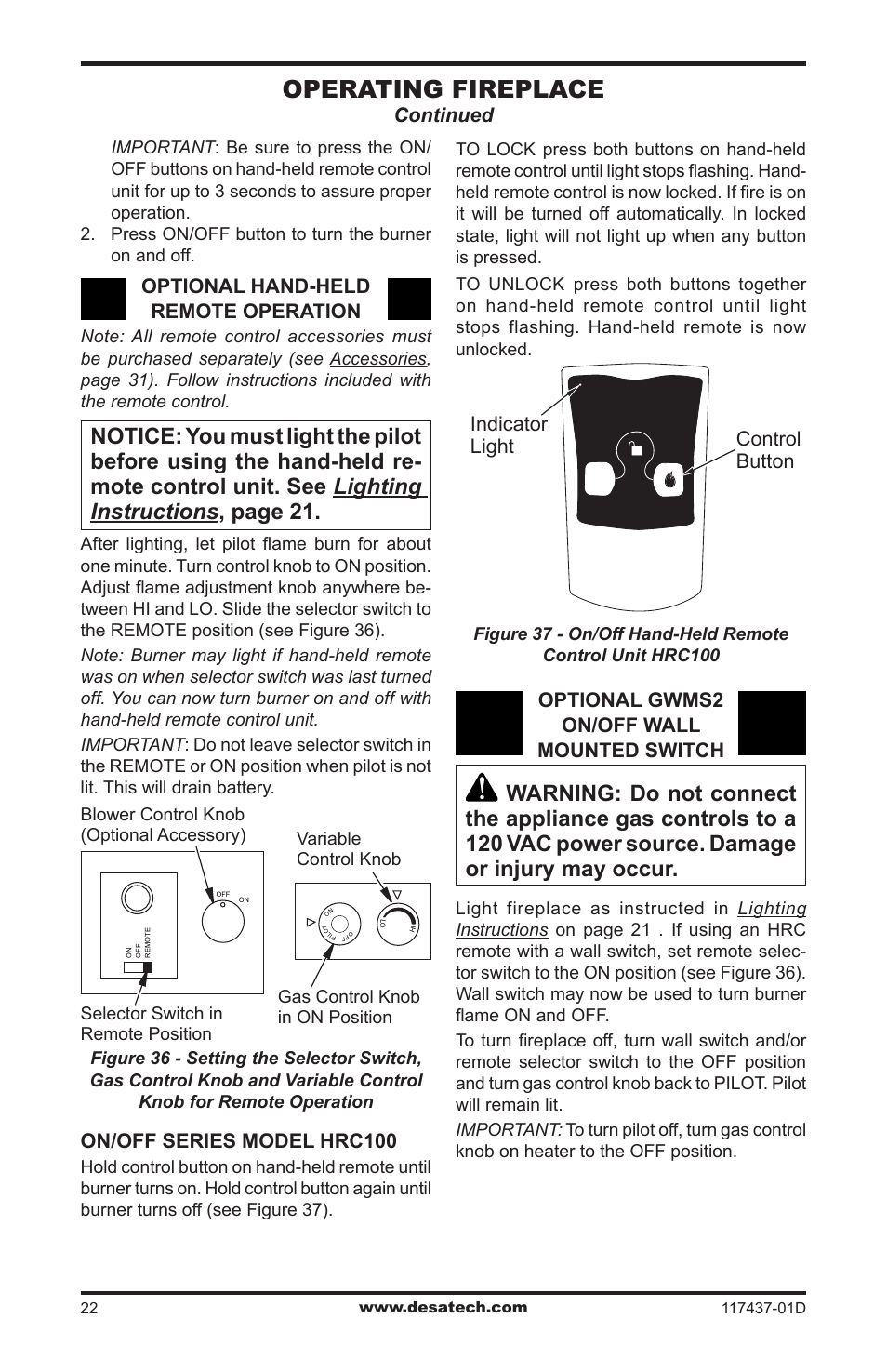 Operating fireplace, Continued, Optional hand-held remote operation | Optional gwms2 on/off wall mounted switch | Desa CB36N User Manual | Page 22 / 36