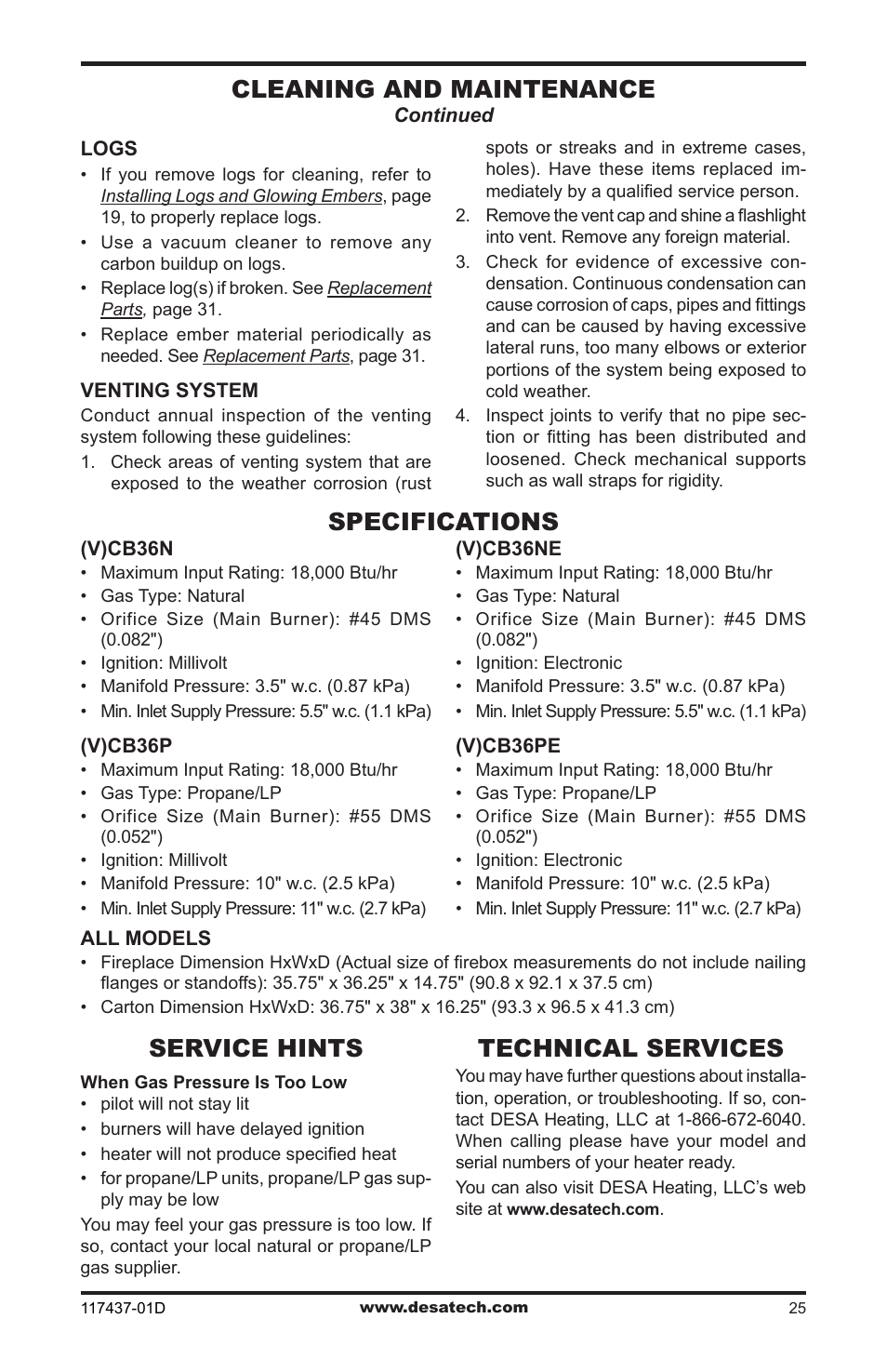 Specifications, Service hints, Technical services | Cleaning and maintenance | Desa CB36N User Manual | Page 25 / 36