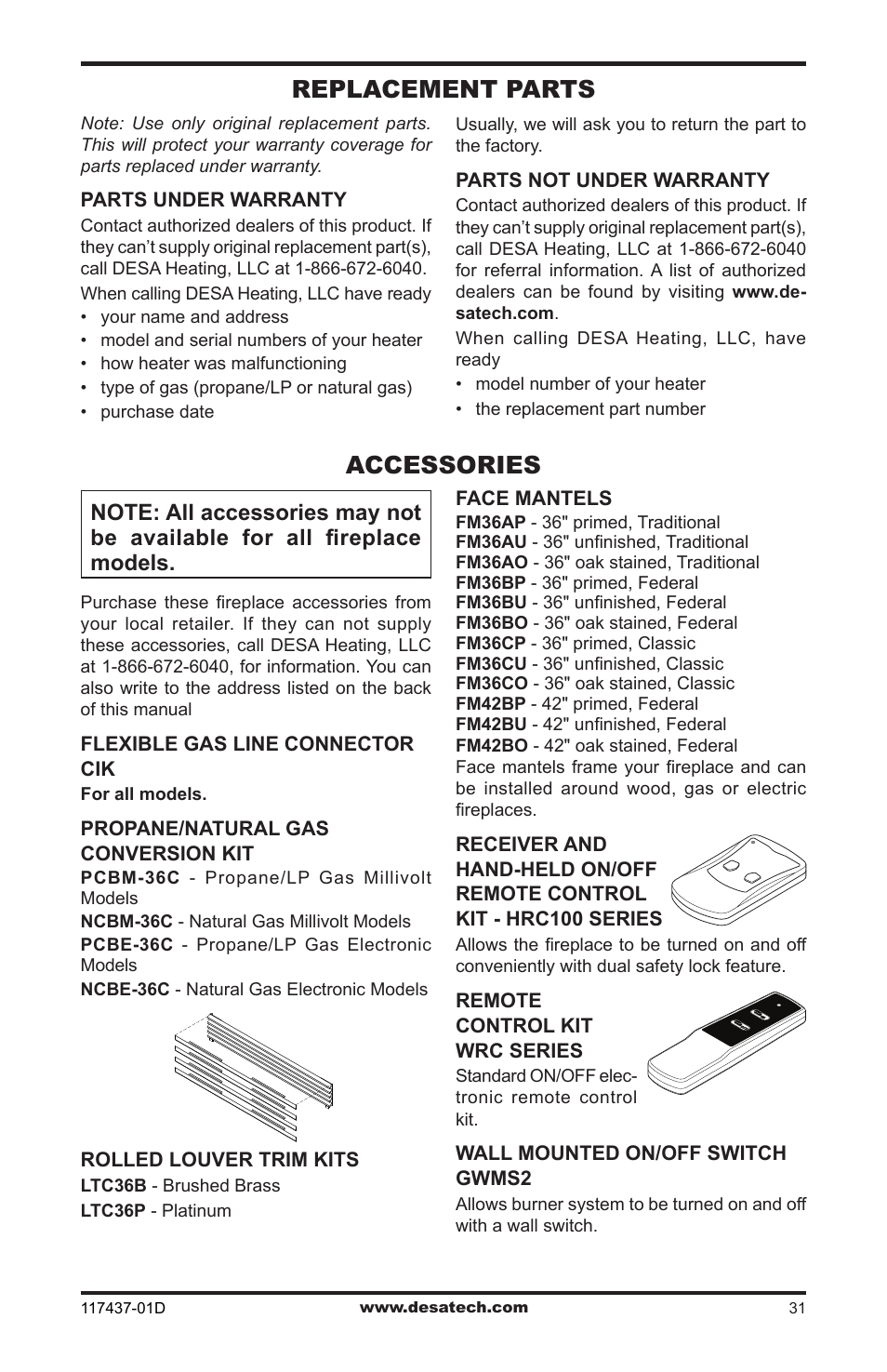 Replacement parts, Accessories | Desa CB36N User Manual | Page 31 / 36