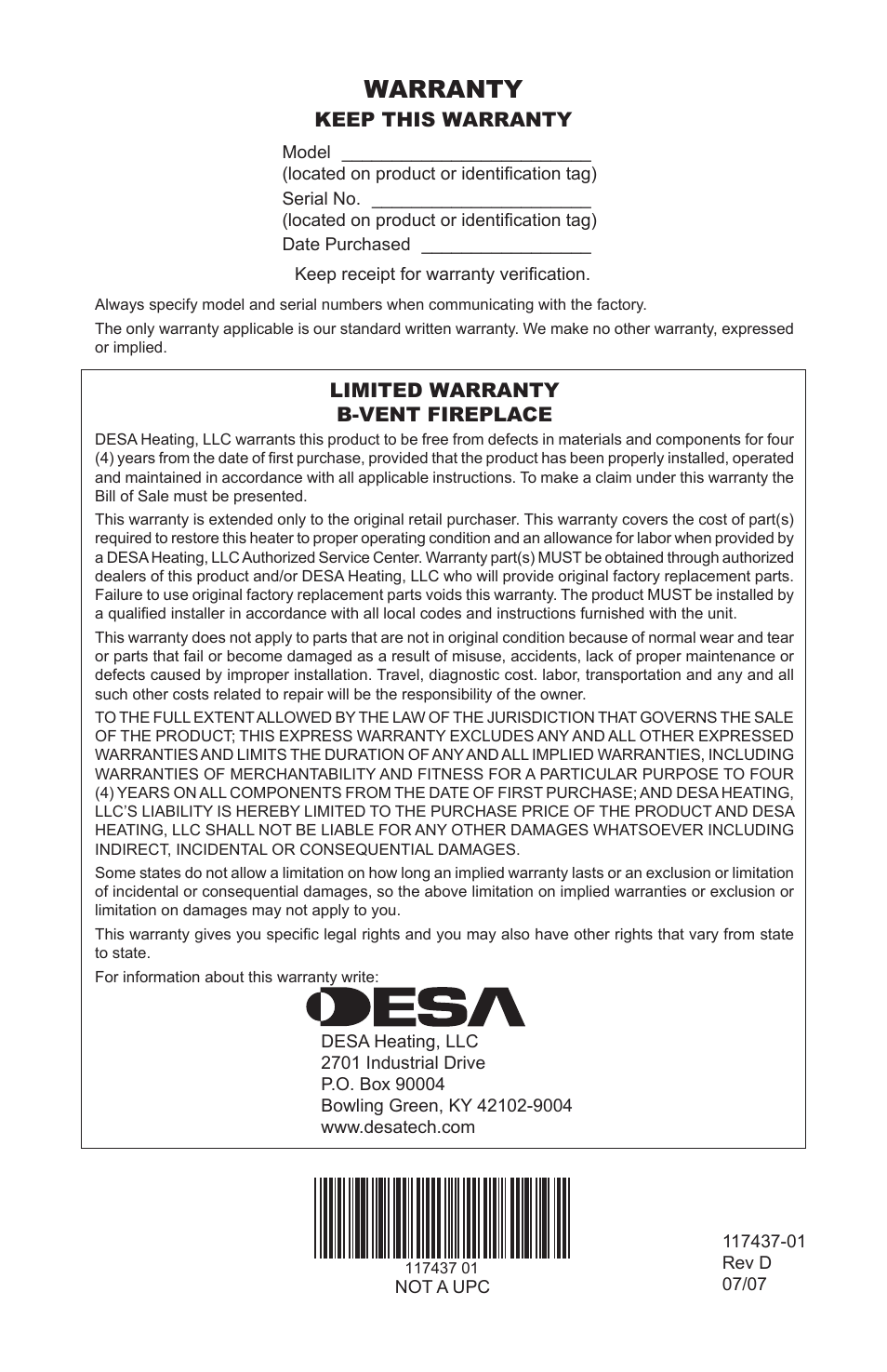 Warranty | Desa CB36N User Manual | Page 36 / 36