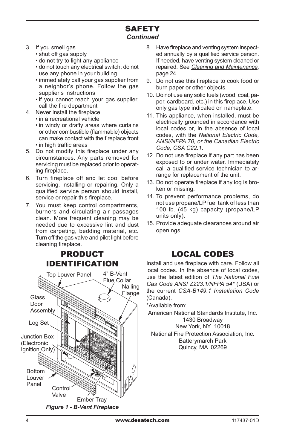 Product identification, Local codes, Safety | Desa CB36N User Manual | Page 4 / 36