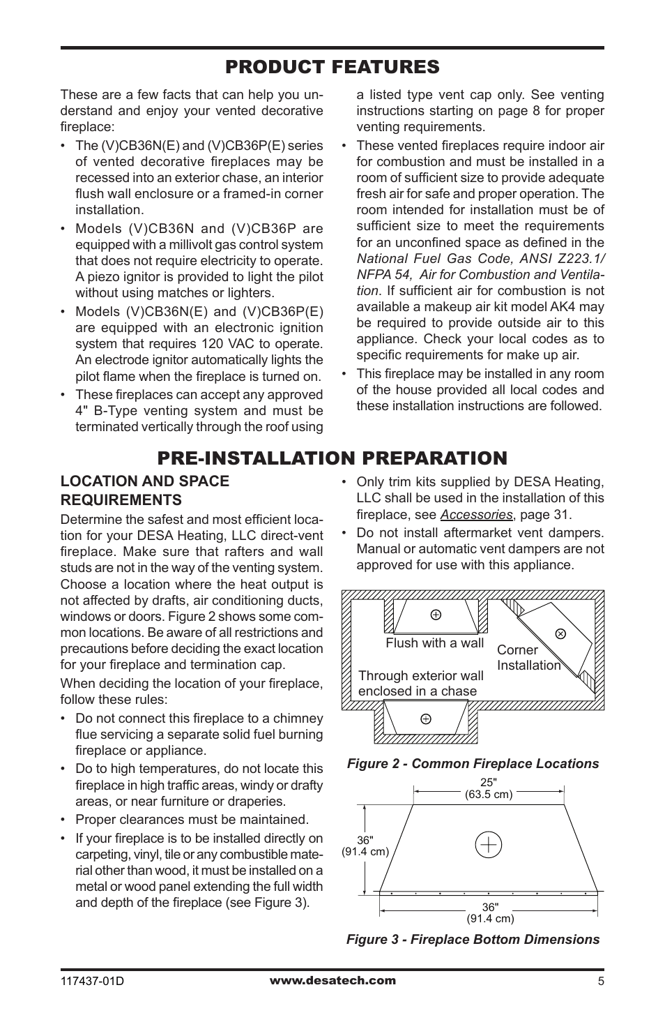 Product features, Pre-installation preparation | Desa CB36N User Manual | Page 5 / 36