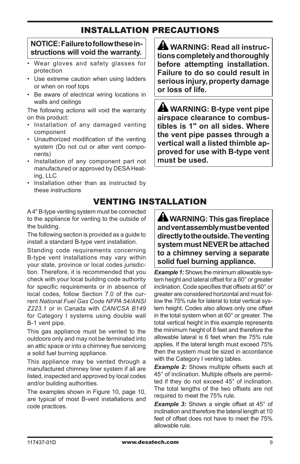 Installation precautions, Venting installation | Desa CB36N User Manual | Page 9 / 36