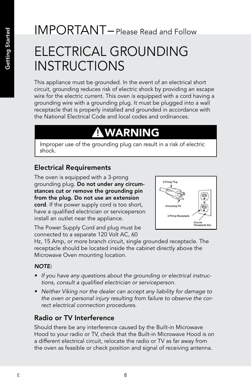 Electrical grounding instructions, Important, Warning | Please read and follow | Viking 30 Inch Over-the-Range Microwave Oven Owners Manual User Manual | Page 10 / 132