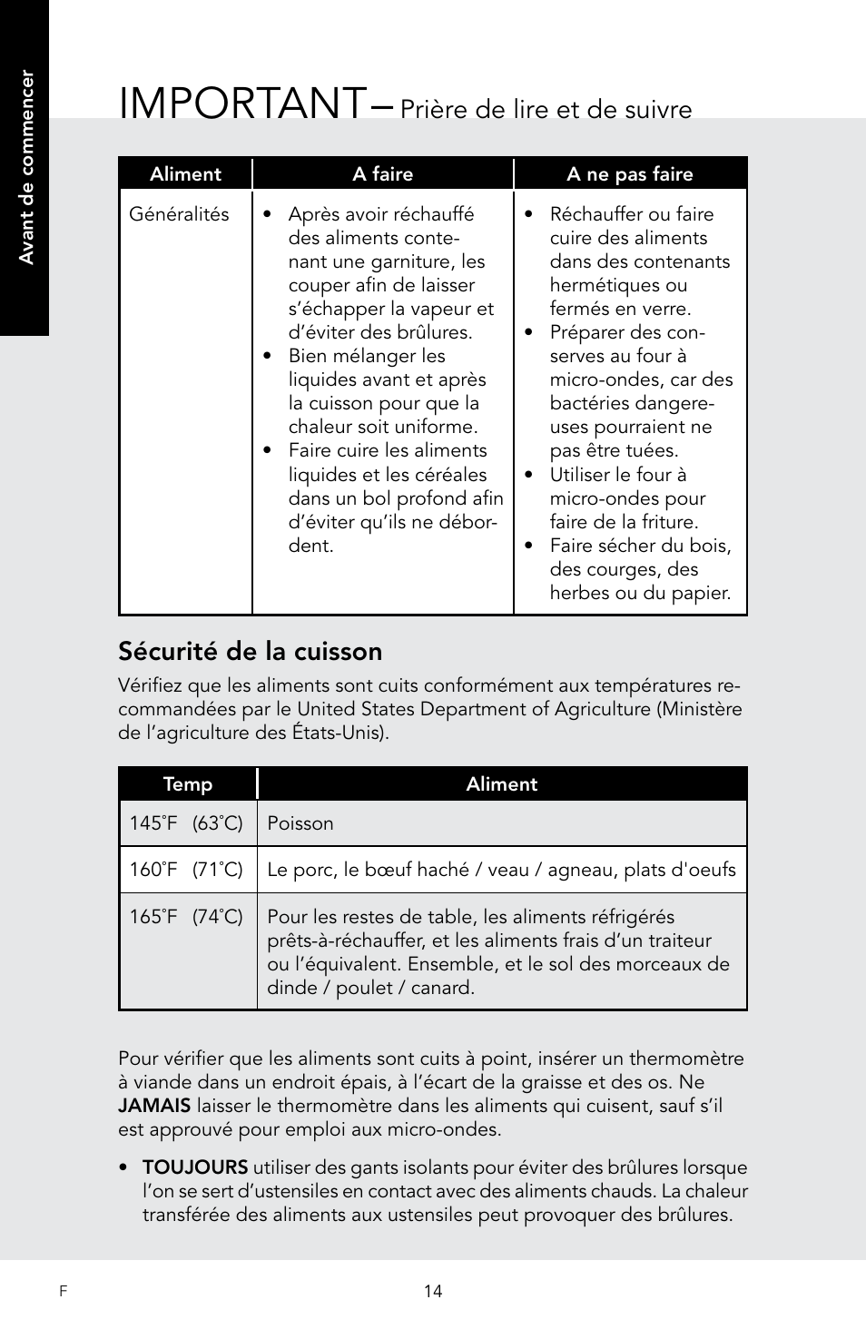 Important, Prière de lire et de suivre, Sécurité de la cuisson | Viking 30 Inch Over-the-Range Microwave Oven Owners Manual User Manual | Page 100 / 132