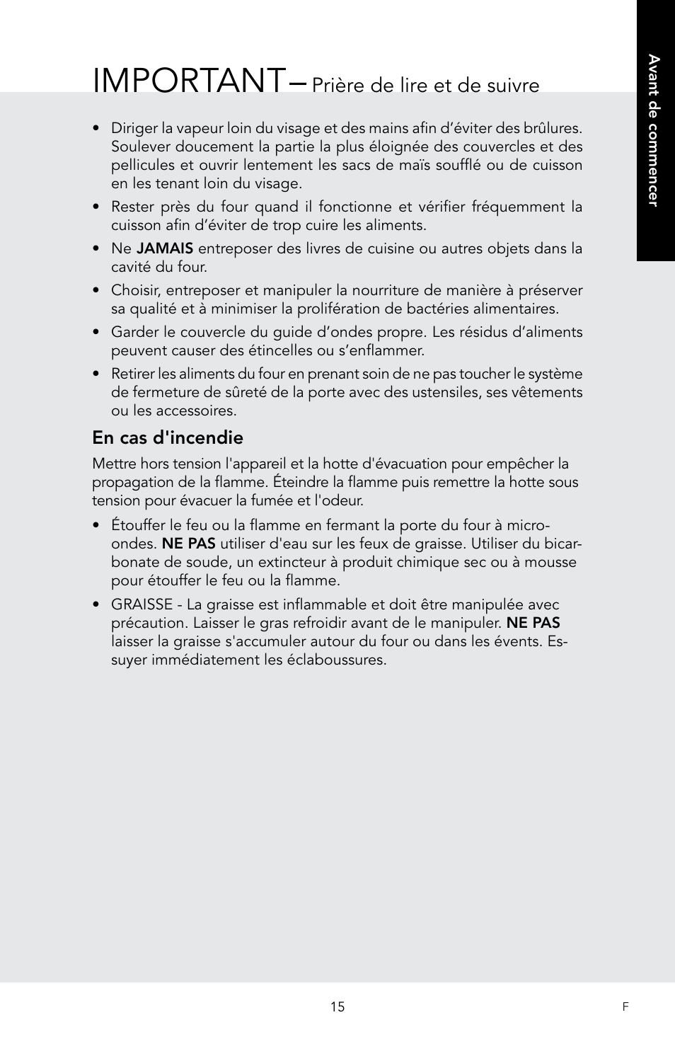 Important, Prière de lire et de suivre, En cas d'incendie | Viking 30 Inch Over-the-Range Microwave Oven Owners Manual User Manual | Page 101 / 132