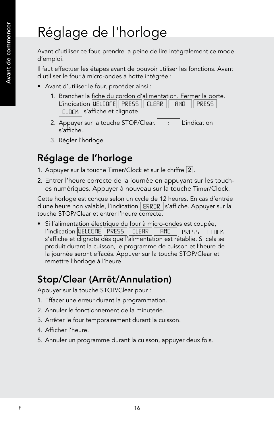 Réglage de l'horloge, Réglage de l’horloge, Stop/clear (arrêt/annulation) | Viking 30 Inch Over-the-Range Microwave Oven Owners Manual User Manual | Page 102 / 132