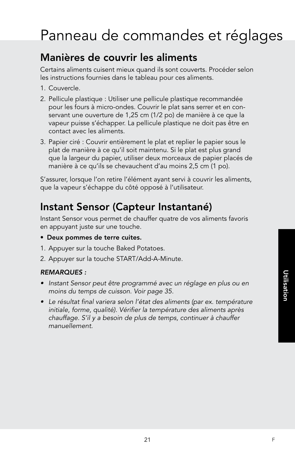 Panneau de commandes et réglages, Manières de couvrir les aliments, Instant sensor (capteur instantané) | Viking 30 Inch Over-the-Range Microwave Oven Owners Manual User Manual | Page 107 / 132