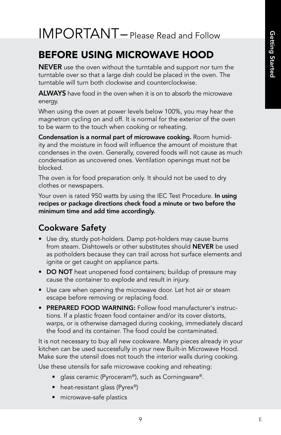 Important, Before using microwave hood, Cookware safety | Please read and follow | Viking 30 Inch Over-the-Range Microwave Oven Owners Manual User Manual | Page 11 / 132