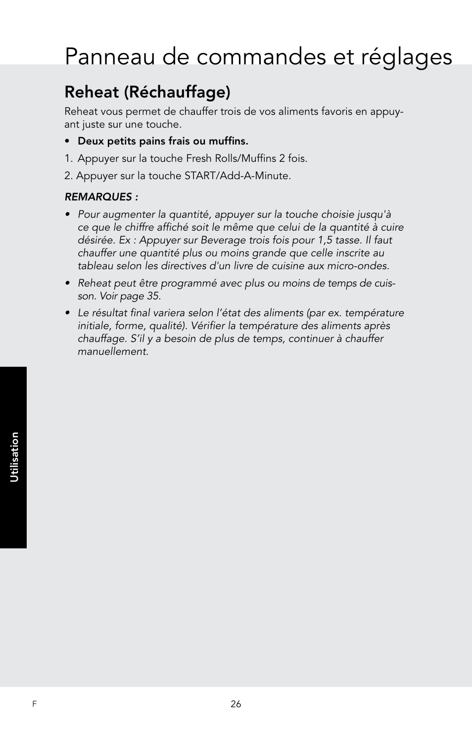Panneau de commandes et réglages, Reheat (réchauffage) | Viking 30 Inch Over-the-Range Microwave Oven Owners Manual User Manual | Page 112 / 132
