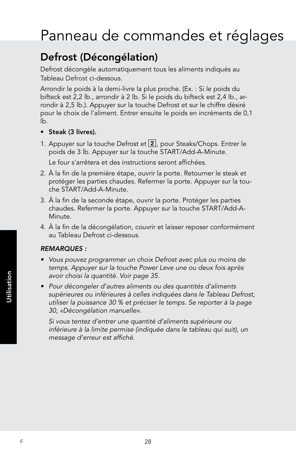 Panneau de commandes et réglages, Defrost (décongélation) | Viking 30 Inch Over-the-Range Microwave Oven Owners Manual User Manual | Page 114 / 132