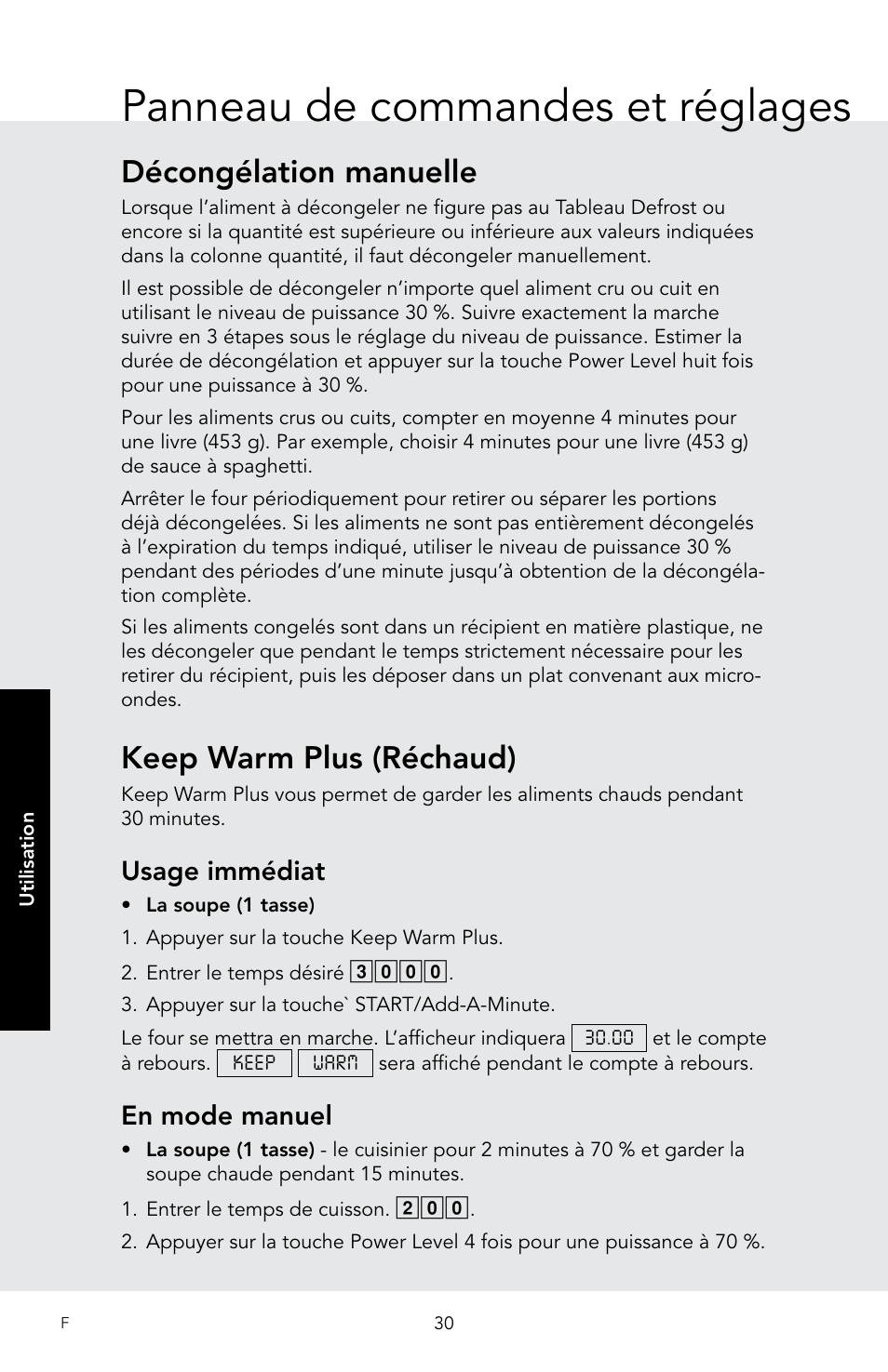 Panneau de commandes et réglages, Décongélation manuelle, Keep warm plus (réchaud) | Usage immédiat, En mode manuel | Viking 30 Inch Over-the-Range Microwave Oven Owners Manual User Manual | Page 116 / 132